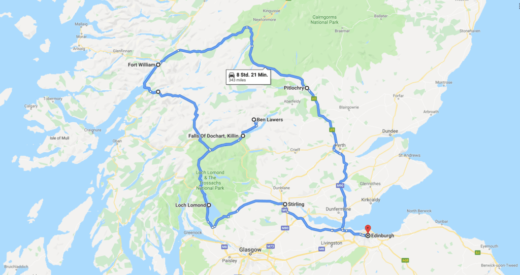 Highland Tour - Reiseroute auf der Karte (Google Maps)